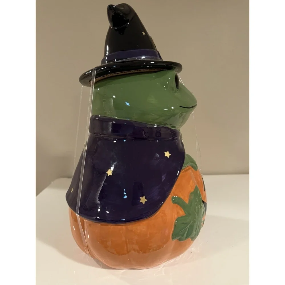 Spooky Street Whimsical Witch Frog With Pumpkin Halloween Ceramic Cookie Jar